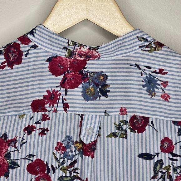 IZ BYER Blue & White Striped & Burgundy Floral Blouse Size XS - Picture 8 of 10